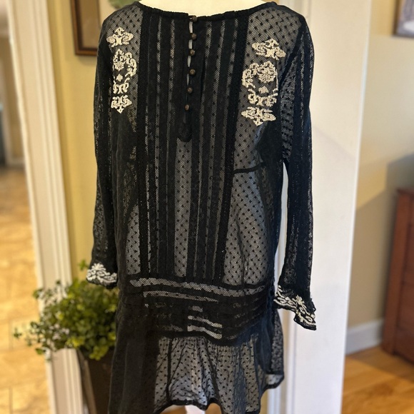 Free People Black Sheer Blouse with White Embroidery - Picture 5 of 13